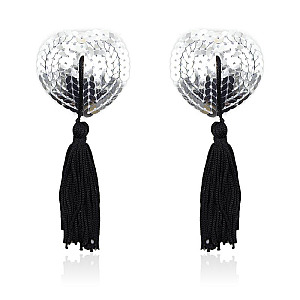 LATETOBED BDSM LINE Self-Adhesive Heart Sequin Nipple Cover with Tassel (Silver/Black), adhesive nipple covers